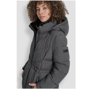 Dkny Women's Gray Puffer Jacket Hooded Toggles Faux Fur Collar XS NWT